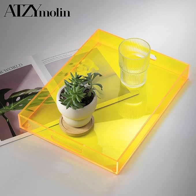 ATZYmolin 16"x12" Large Acrylic Serving Tray Decorative Ottoman Coffee Table Vanity Tray Tea Fruit Platter Snack Appetizer Dessert Drink with Handles for Bar Kitchen Party, Neon Yellow