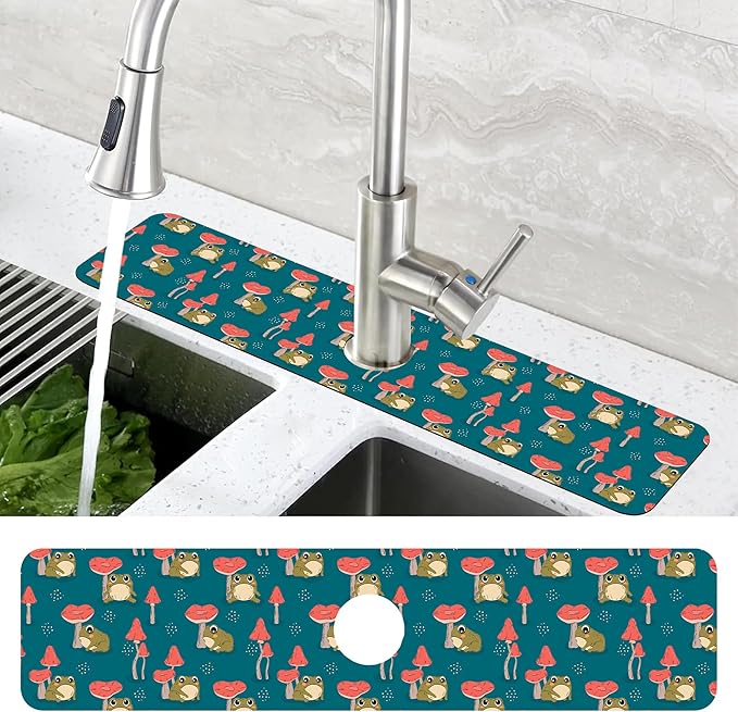 Cute Frog and Mushrooms Dish Drying Mat for Kitchen Sink Splash Guard Behind Faucet Sink Mat Absorbent Fast Drying Faucet Draining Mat for Bathroom Kitchen 5.5"×24"