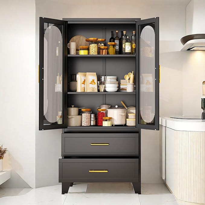 pozdeg Metal Garage Storage Cabinet, Kitchen Pantry Storage Cabinet with 2 Drawers and 2 Adjustable Shelves Versatile Storage for Homes Offices Gym Basement Warehouse (Black)