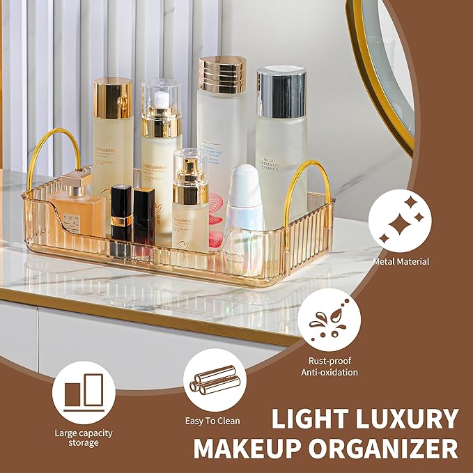Bathroom Organizer Countertop, Vanity Tray for Skincare Makeup, Counter Organizer for Cosmetics, Toiletries, Lotions, Perfumes (1 Tier, Amber)