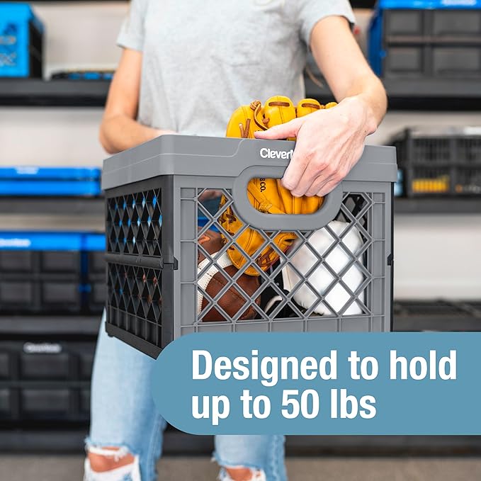 CleverMade Collapsible Milk Crate, Black, 3PK - 25L (6 Gal) Stackable Storage Bins, Holds 50lbs Per Bin - Clevercrates are Heavy Duty, Plastic Collapsible Storage Crate for Multi Purposes