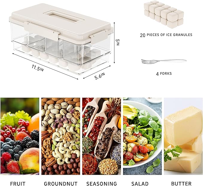 MineSign 2Pack Ice Chilled Condiment Caddy with 4 Removable Containers Taco Ingredient Server with Lid Cooled Garnish Caddy Tray for Taco Mimosa Bar Sauce Fruits&Veggies Beige