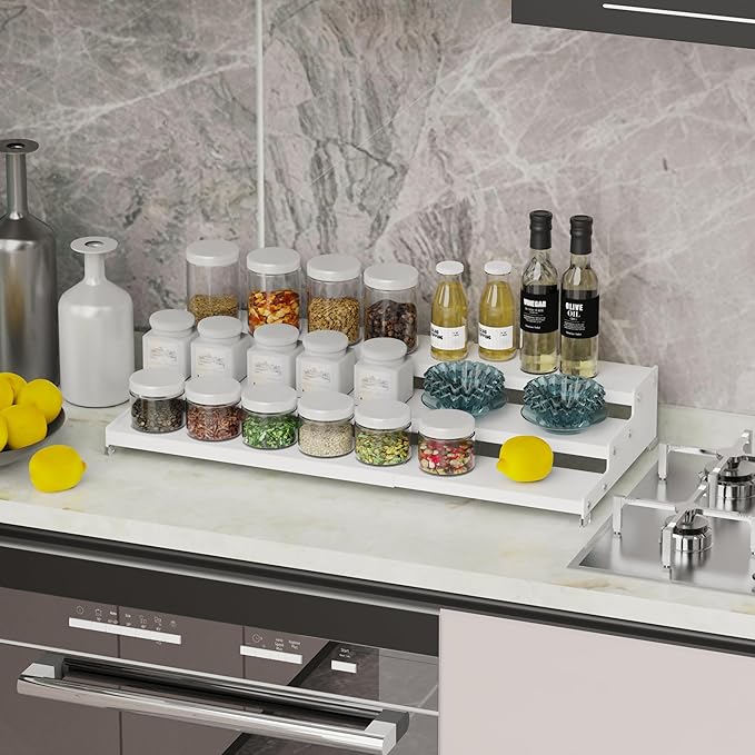 Wobmmi Expandable Spice Rack Storage organizer with 3-Tier step shelf cabinet,seasoning racks organizion.Great for Kitchen countertop shelves,Pantry and more(2Packs/White)