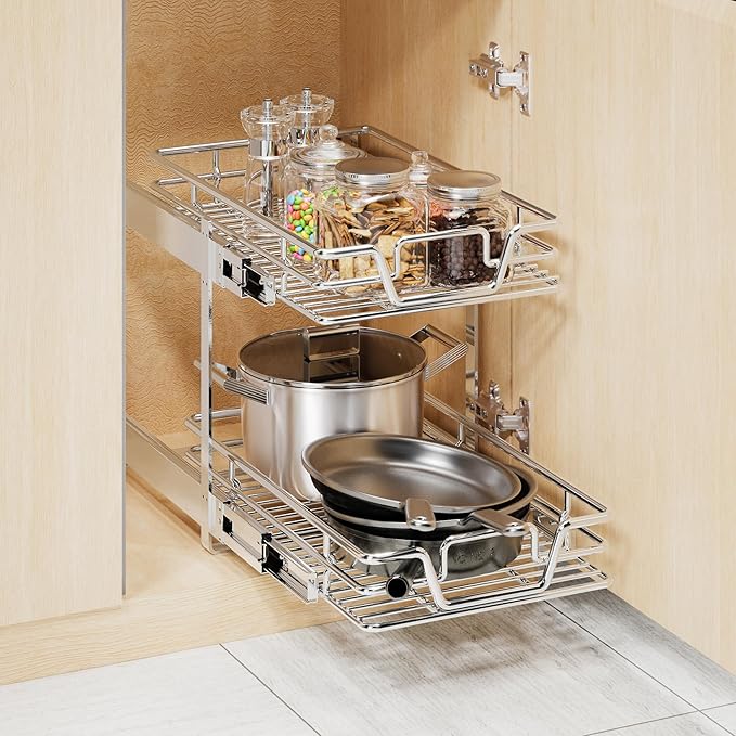 QUYUWU 2-Tier Kitchen Cabinet,Pull Out Cabinet Organizer,Shelf and Drawer Organizer Slide Out Pantry Storaqe Basket in Multiple Sizes (12" W x21 D)