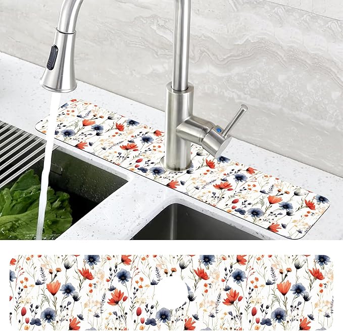 Watercolor Red and Blue Flowers Sink Faucet Absorbing Mat Sink Splash Guard Faucet Mat Draining Mat Fast Drying Sink Protectors for Kitchen and Bathroom 5.5"×24"