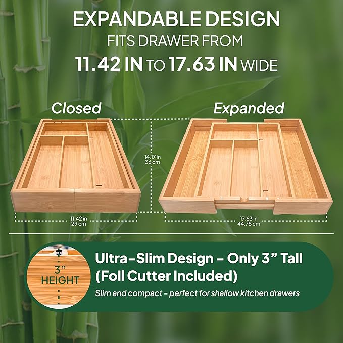 Ordna 6 IN 1 Bamboo Baggie Organizer for Drawer, Storage Bag Organizer Kitchen Drawer for Foil, Aluminum, Saran Wrap, Compatible with Quart, Gallon, Sandwich and Snack Size Bags