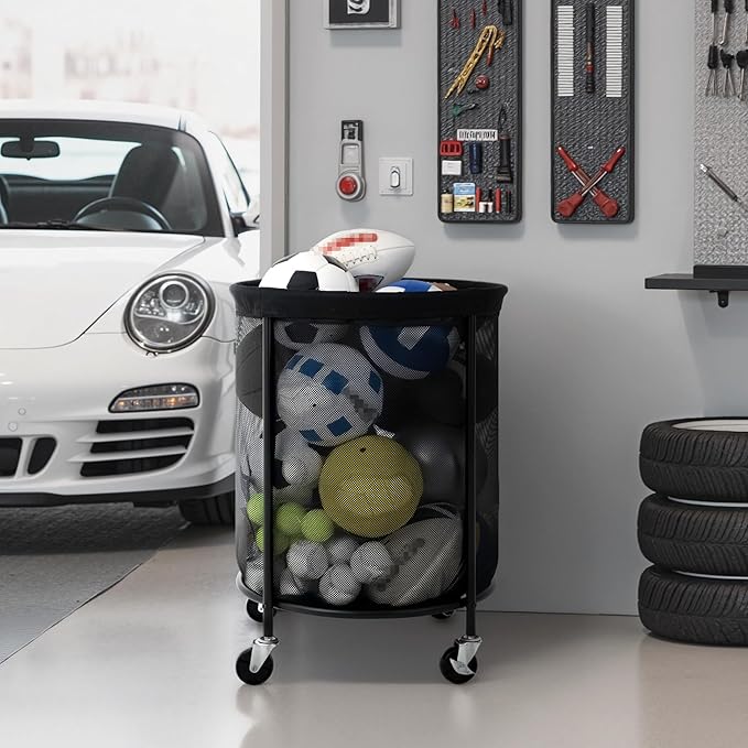StorageWorks Ball Storage with Wheels, Ball Cart for Garage, Garage Sports Equipment Organizer, Balls Organizer for Basketball, Football, Volleyball
