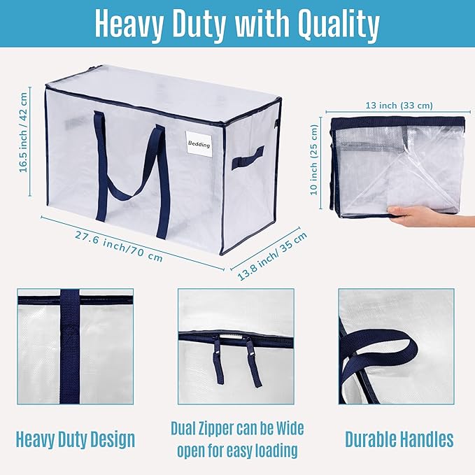 VENO 6 Pack Moving Bags and Large Christmas Storage Bins with lids. Alternative to Moving Boxes, Packing Supplies for College. Extra Large Heavy Duty Totes for Packaging (Clear, 6 Pack)