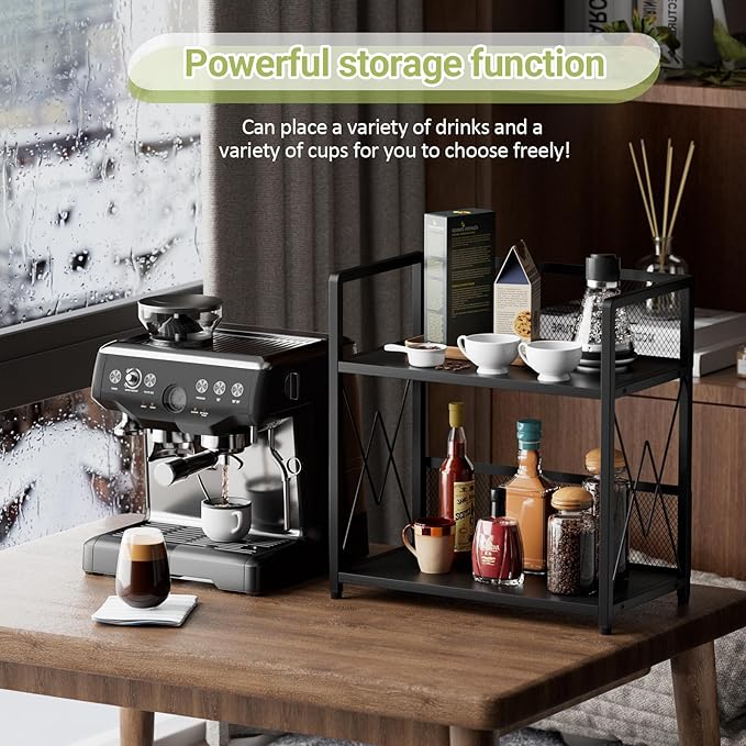 Aduanbang Coffee Bar Accessories Organizer, Seasoning Organizer, 2 Tier Wooden Kitchen Counter Shelf, Coffee Organizer Station for Countertop, Coffee Condiment Rack for Mugs, Cups, Cream, Syrup
