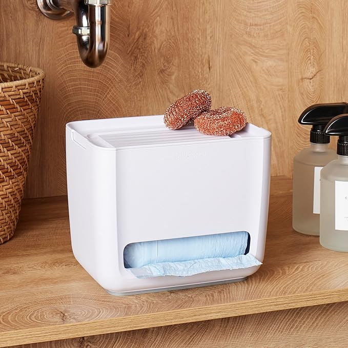 YouCopia SinkSuite Trash Bag Dispenser, Standing Garbage Bag Organizer with Removable Lid and Cradle for Storage, Speckled White