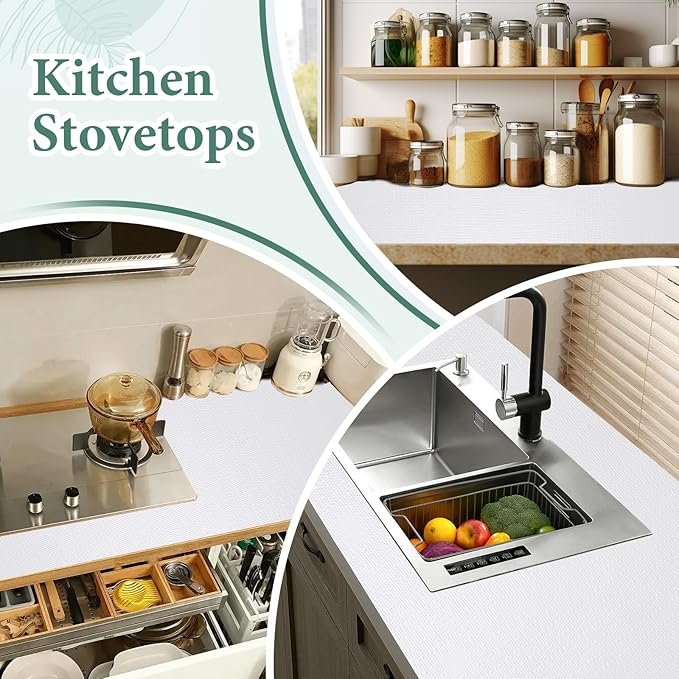Drawer and Shelf Liner for Kitchen Cabinet: 23 in X 30 Ft Non Slip Waterproof Shelf Paper Non Adhesive Refrigerator Liners White Easy Liners for Bathroom Cupboard with Knife Tape Measure