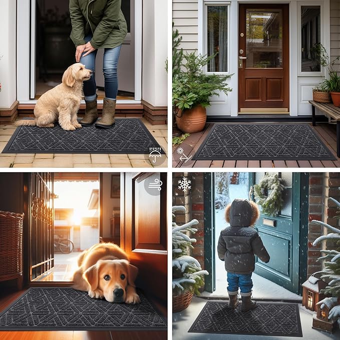 Smiry Front Door Mat Outside Entrance, Heavy Duty Sturdy Natural Rubber Doormat, Trap Dirt and Moisture, Easy Clean Low Profile Mats for Indoor Outdoor Entry, Grid Geometric (59x23, Grey)