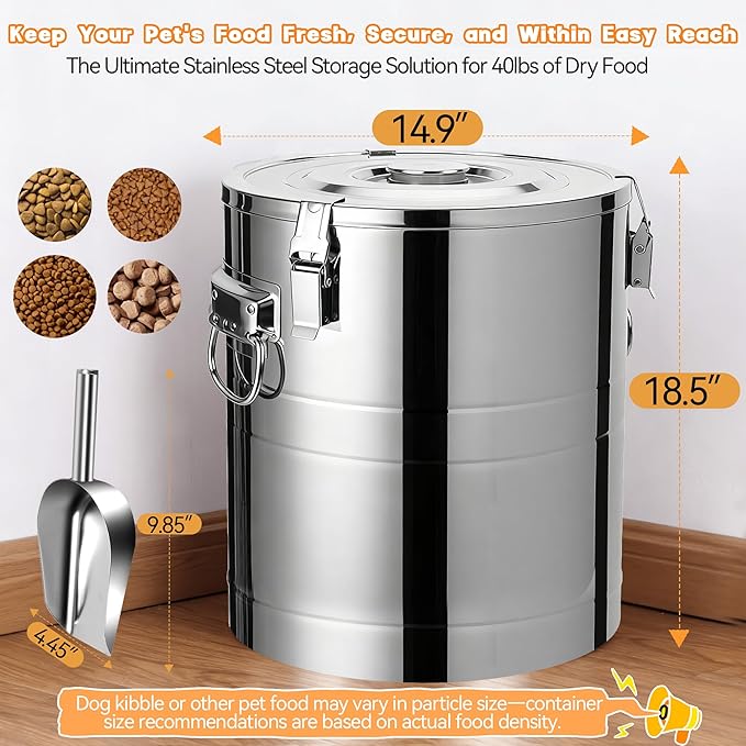 40lb Stainless Steel Dog Food Storage Container, Large Capacity Metal Pet Food Storage Container with Scoop, Airtight Dog & Cat Food Treat Bin for Dry Food Keep Fresh for Multi-Pet Households