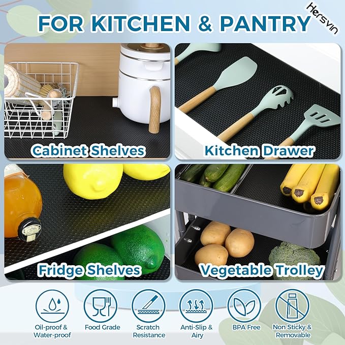 Hersvin Shelf Liners, 12 in x 20 ft Kitchen Drawer Mats, Non-Adhesive EVA Cupboard Protector, Cabinet Lining (Black Dot)
