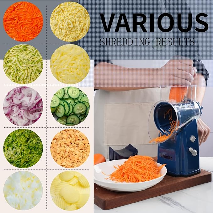 ChinKc Upgrade Rotary Cheese Grater Shredder with Handle, Strong Suction Base, Multi-purpose Rotary Grater Slicer with 5 Interchangeable Blades for Ice, Vegetables, Fruit, Nuts with Blade Storage Box