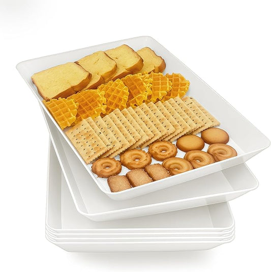 AMGBZT Serving Tray Platter, 6 Pcs Food Tray for Veggie Fruit Snack Dessert Cookie Cheese, Food Trays for Party Supplies Display, Plastic Platters for Serving Food, Large White Trays, BPA Free