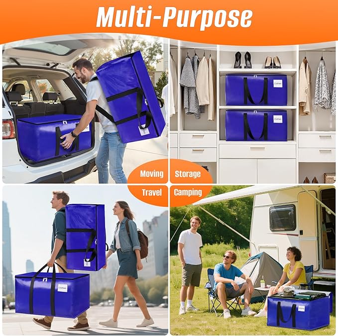 4-Pack Moving Bags with Backpack Straps & Carry Handles, 30 Gallons-125 L Heavy Duty Storage Totes for Space Saving, Foldable Storage Bags for College Dorm, Travel, Camping (Blue)