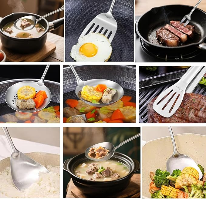 304 18/10 Stainless Steel Kitchen Utensils Set 11 Pcs Long Metal Cooking Utensil, Spatula, Soup spoon, Leaking shovel, Ladle, Tunner, Pasta Server, Meat Fork, Tongs Kitchen Tools Set, Dishwasher Safe