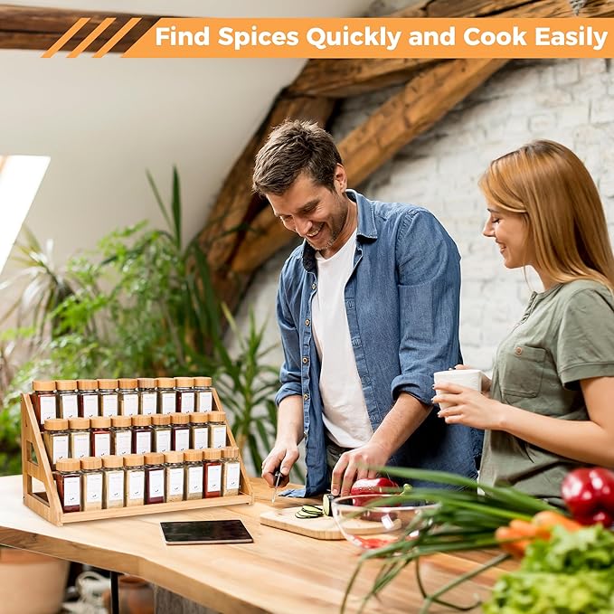 MNADSFKJ Spice Rack, Spice Organizer -3 Tier Bamboo Spice Racks, Solution for Spice Storage in Kitchens, Countertops，Storage Rooms and Other Places