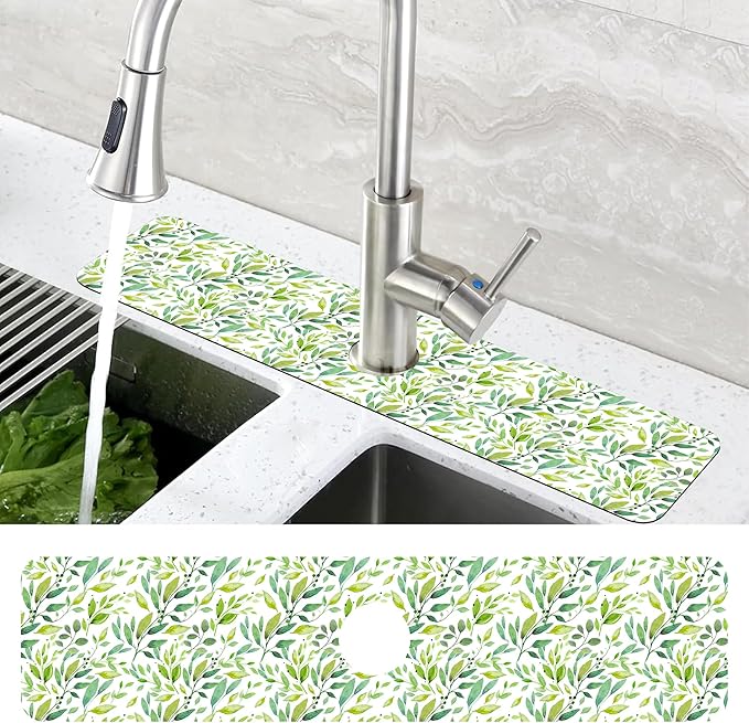 Tropical Eucalyptus Leaves Kitchen Sink Splash Guard Mat Absorbent Fast Drying Mat Faucet Draining Mat Sink Splash Guard Behind Faucet Drip Catcher for Kitchen Bathroom 5.5"×24"