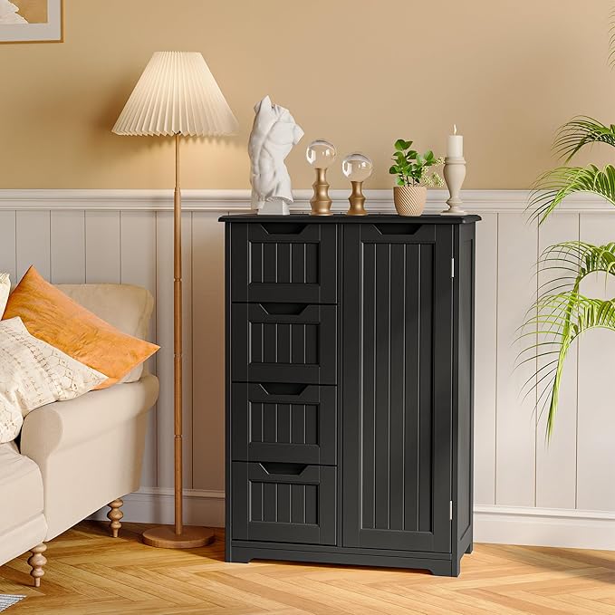 Gizoon Small Pantry Cabinet with Door and Shelves, 33'' Kitchen Pantry Cabinet Freestanding Wooden Bathroom Storage Cabinet with 4 Drawers for Kitchen and Dining Room, Black