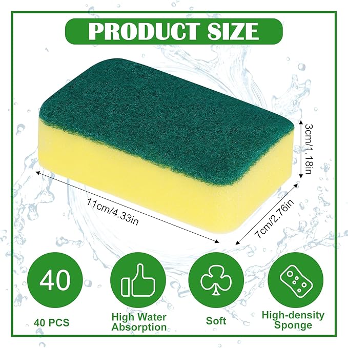 40 Pack Sponges Kitchen High Density Dish Sponges Scrub Sponge Multi-Surface Cleaning Scrubber Pad, Durable Dishwashing Sponge Bulk Cleaning Supplies for Washing Dishes, Home, Kitchen, Bathroom, Car