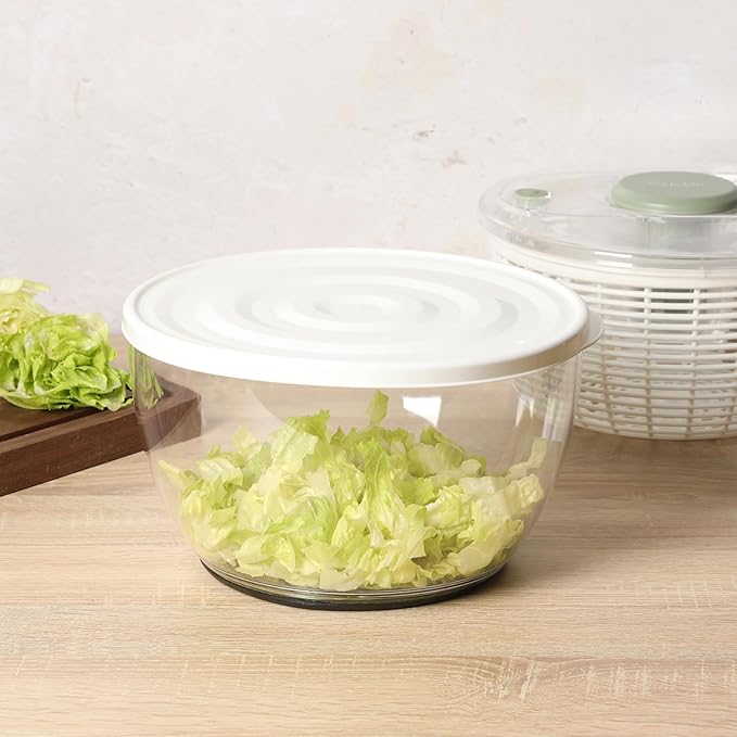 Sur La Table Kitchen Essential 6.3 Qt Salad Spinner, Fruit Wahser, Fruit Washing Bowl with Strainer, Vegertable Cleaner, Salad Cleaner, Lettuce Washer - Juniper Green