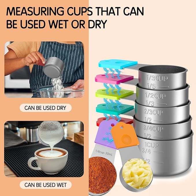 Minteem Magnetic Measuring Cups, 7 Stainless Steel Nesting Measuring Cup Set for Measuring Dry or Liquid Ingredients