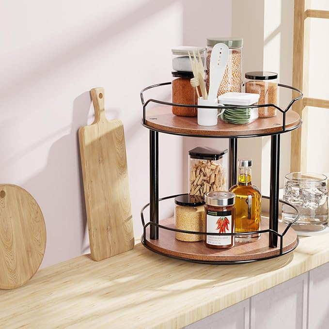 MUTUALUS Lazy Susan Organizer 2 Tier - Turntable Spice Rack for Table Top, Wooden Rotating Lazy Susan for Cabinet Pantry Kitchen Countertop Dining Table Cupboard Bathroom Vanity Storage