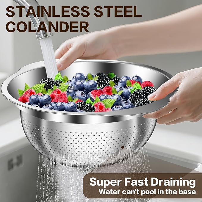 Stainless Steel Colander for Kitchen, Stainless Steel Strainer, Pasta Strainer for Spaghetti Fruit Vegetable Cooking Food, 3 Pcs Strainers and Colanders(2QT, 3QT, 5QT), Dishwasher Safe, Kitchen Gift
