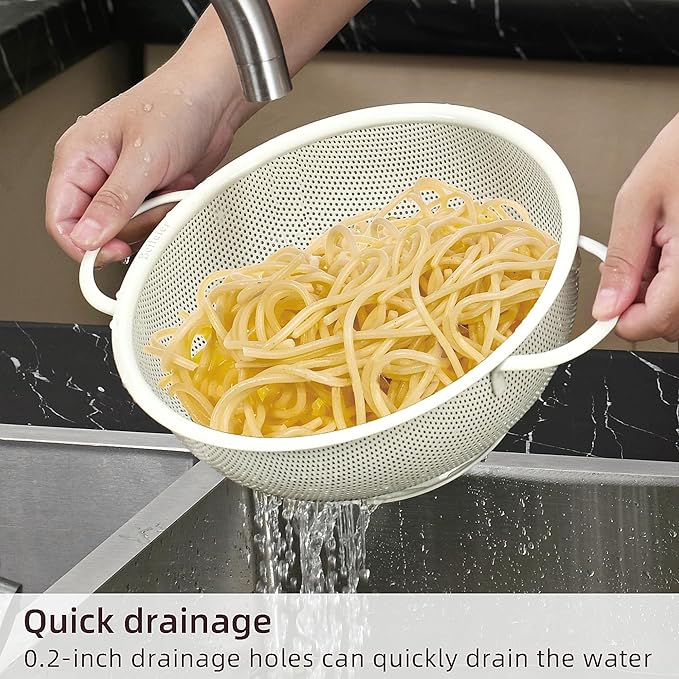 Stainless Steel Colander 3 Piece,Metal Strainer Basket with Solid Base and Handles for Kitchen Food,Pasta, Noodles, Vegetables and Fruits,Powder Coated,BPA Free,Dishwasher Safe,2 & 3 & 4.5 Qt (Cream)