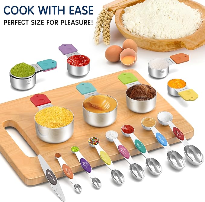 Minteem Magnetic Measuring Cups and Spoons Set, 6 Nesting Stainless Steel Measuring Cup Set with Easy to Read Markings, 7 Magnetic Measuring Spoons & 1 Leveler for Measuring Dry or Liquid Ingredients