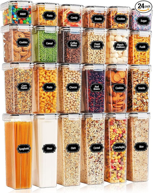 24 PCS Airtight Food Storage Containers with Lids, Kitchen Pantry Organization and Storage Containers, Plastic Canisters for Flour, Sugar, Cereal and Dry Food, BPA Free, 40 Labels & Marker