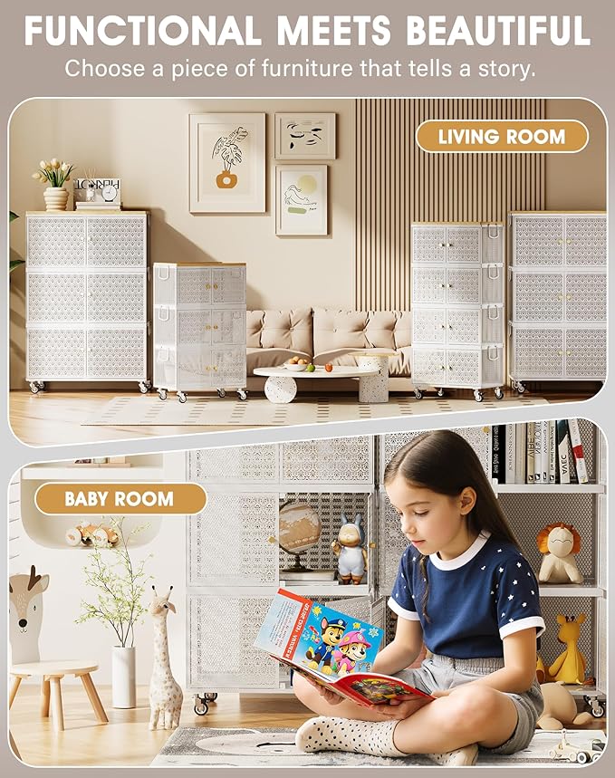 3 Tier Metal Storage Cabinet with wheels, Storage Bins with Magnetic Doors, Storage Cart for Living Room, Bedroom, Bathroom, Laundry, Kitchen