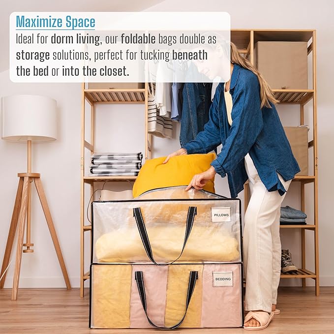 VENO 2 Pack Heavy Duty Moving Bags, Christmas Storage Bins with Lids, Clear Design, Alternative to Moving Boxes, Storage Bags for Clothes, Blankets, Comforters, Pillows, Camping (Clear, 2 Pack)