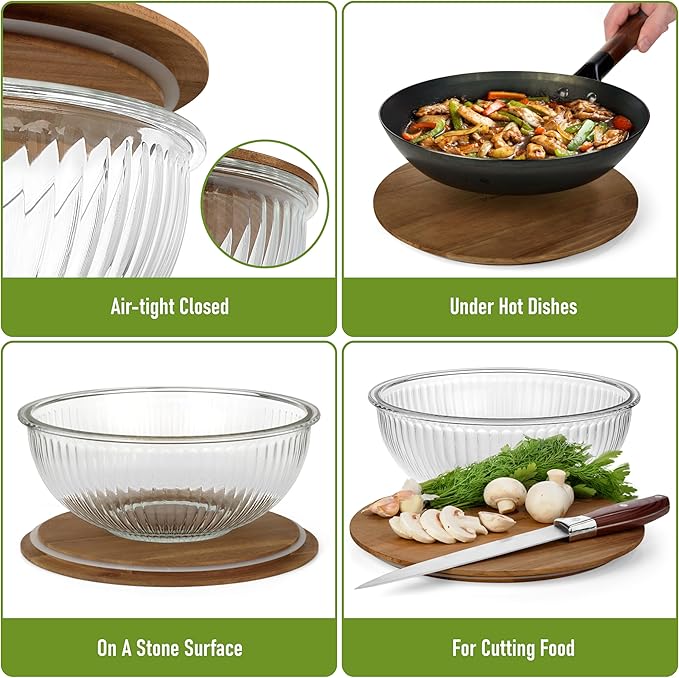dokaworld Set of 3 Stackable Space-Saving Nesting Glass Salad Bowls with Acacia Lids for Foodprep, Storage, Baking, Mixing & Cooking - Microwave Safe Durable Inert Borosilicate Glass