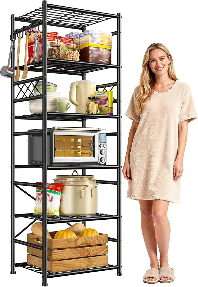 Storage Shelves-6 Tier Metal Shelving Unit with Hooks,Heavy Duty Garage Shelving with Leveling Feet,High Standing Shelf Organizer for Kitchen Pantry Bathroom Dorm,17.7”W×11.8”D ×72.2”H,Black