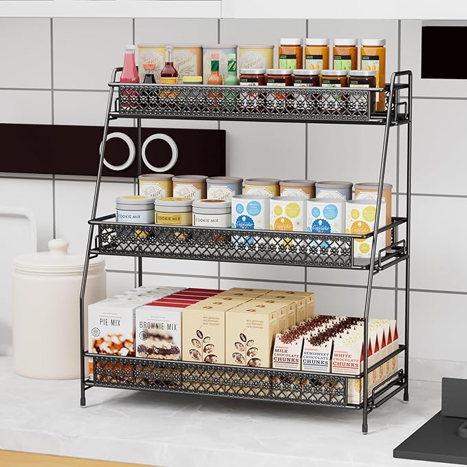 SILUB Vintage 3 Tier Spice Rack Organizer for Kitchen Counter, Bathroom Counter Organizer, 3 Tier Bathroom Counter Organizer for Spices Makeup Perfumes, Retro Countertop Organizer