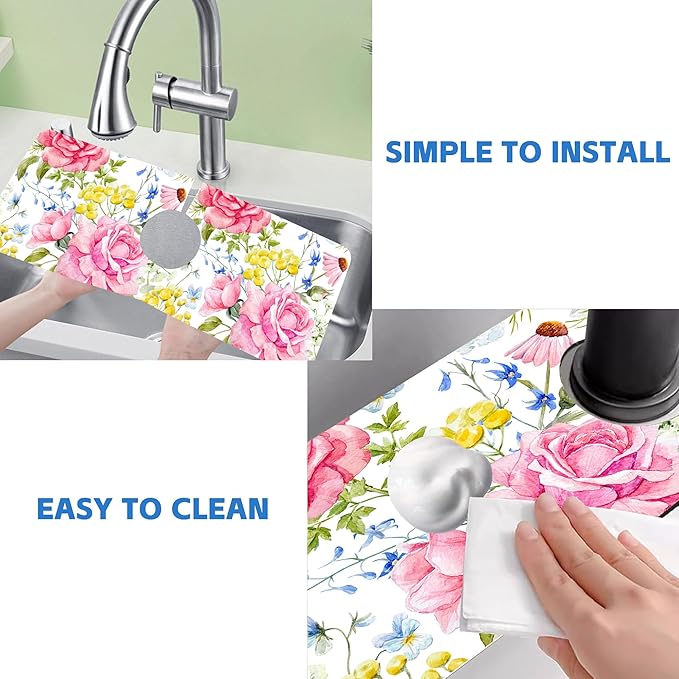 Watercolor Light Pink Floral Dish Drying Mat for Kitchen Sink Splash Guard Behind Faucet Sink Mat Absorbent Fast Drying Faucet Draining Mat for Bathroom Kitchen 5.5"×15"
