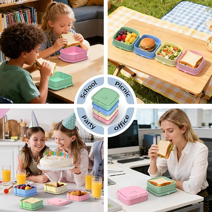 4 Pack Sandwich Containers, Reusable Snack Containers & Sandwich Box for Breakfast, Leak-Proof Lunch Containers Sandwich Bags for Picnic, Office, Travel