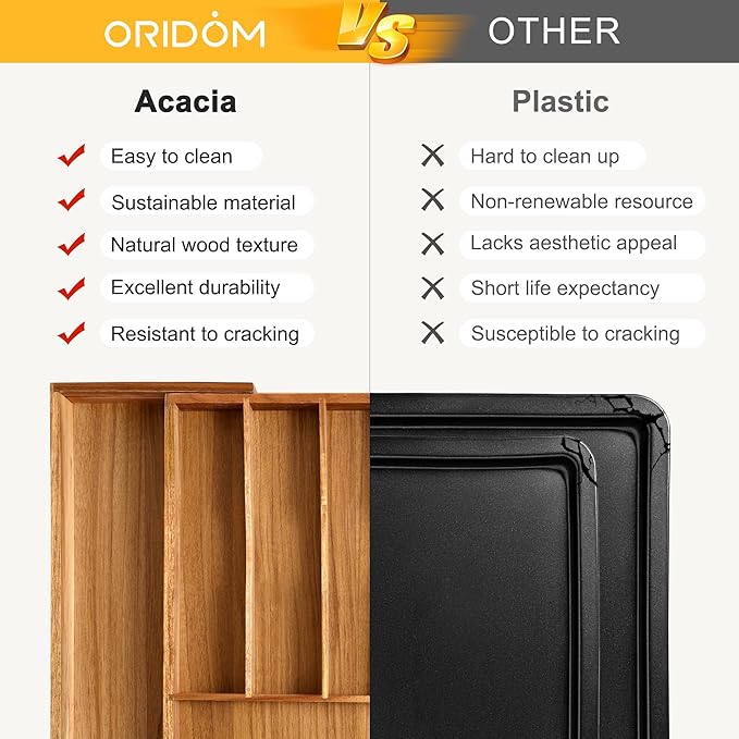 oridom Large Premium Acacia Silverware Organizer - Expandable Drawer Organizer & Utensil Organizer - 17"x19.7" Cutlery Tray with Dividers for Kitchen Utensils and Flatware (7-9 Slots) Acacia