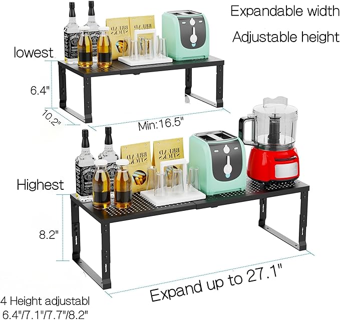 Zilvando Heavy-Duty Adjustable Metal Shelf Organizer - Expandable & Stackable Pantry Storage Rack for Kitchen, Bathroom, RV, Cabinets(2 Packs/Black, Large)