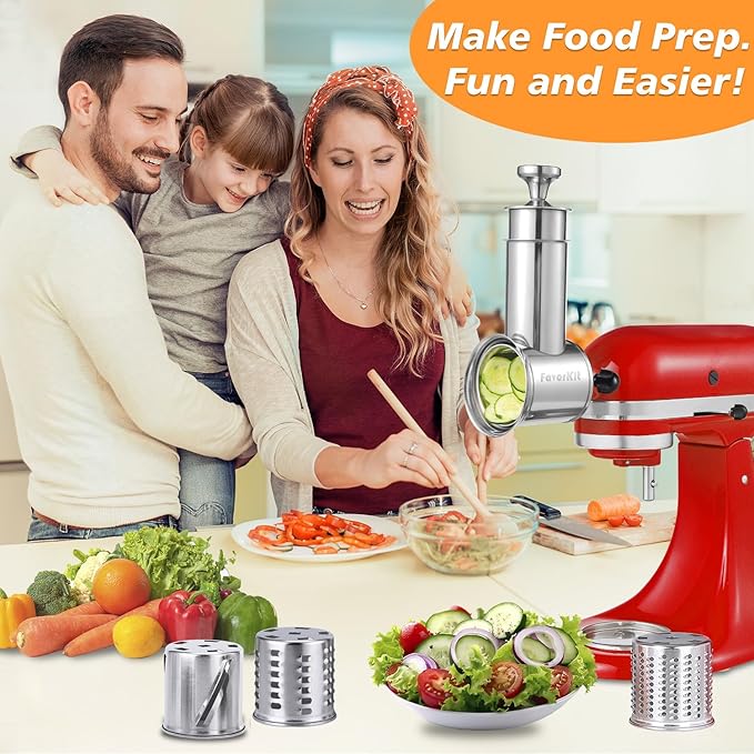 FavorKit Fresh Prep Slicer Shredder Attachment for KitchenAid Stand Mixers, Stainless Steel Large Salad Maker,Cheese Grater Accessories with 3 Thick Blades,Dishwasher Safe