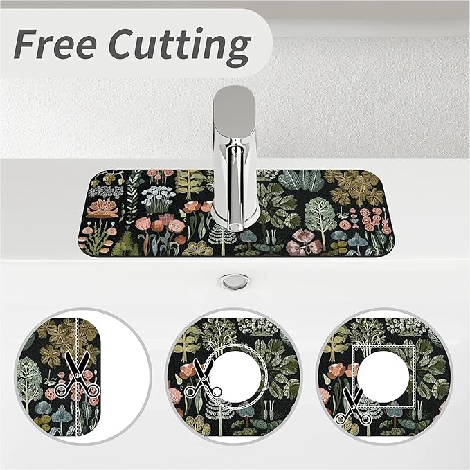 Kitchen Sink Splash Guard，Plants flowers and trees Faucet Mat Sink Gadgets-Super Absorbent Fast Drying Mat Drip Catcher for Kitchen, Bathroom,Sink Mat, Dish Drying Mat, Bathroom(15" X 5.5" )