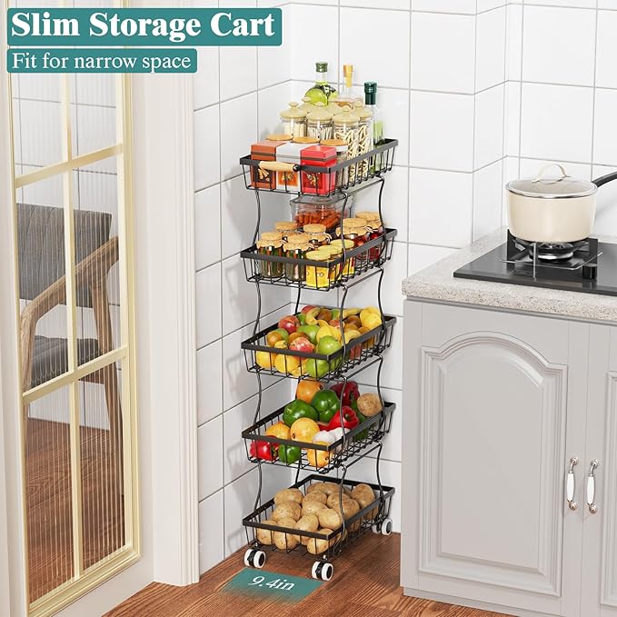5 Tier Slim Fruit Basket for Kitchen, Stackable Wire Fruit Vegetable Storage Baskets Organizer Stand on Wheels, Metal Produce Basket Potato Onion Storage Bins Rack for Pantry, Black