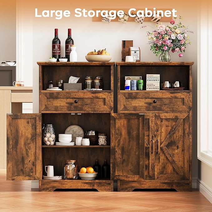 Viroformo Floor Cabinet, Farmhouse Storage Cabinet with Barn Doors and Drawer, 11.81" D x 23.62" W x 39.37" H Rustic Brown Freestanding Adjustable Shelf Organizer for Bathroom, Kitchen, Living Room