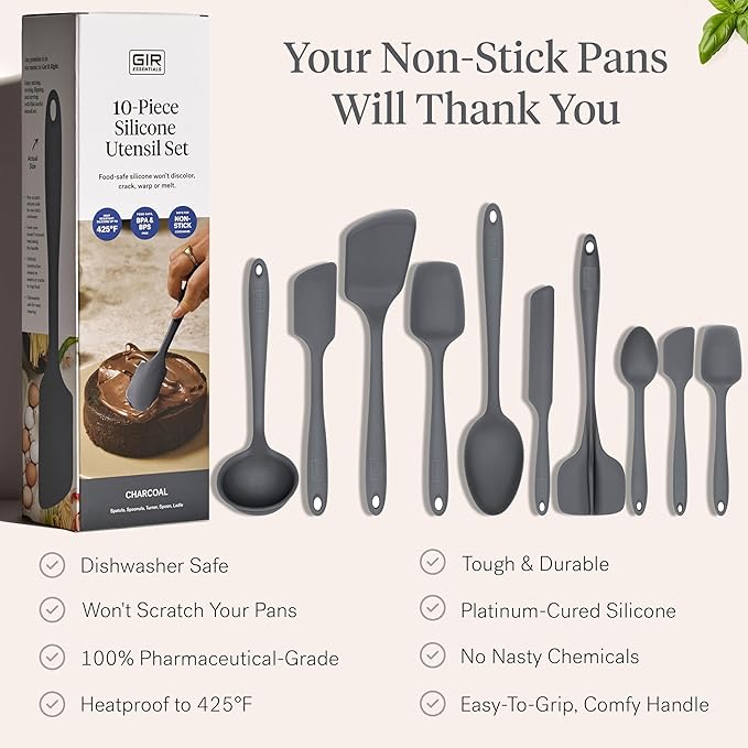 GIR: Get It Right 10 Piece Silicone Essentials Kitchen utensils set - Ladle, Spatula, Flip, Spoon & Spoonula - Non toxic cooking utensils for Nonstick Cookware, Cooking and Baking - Charcoal