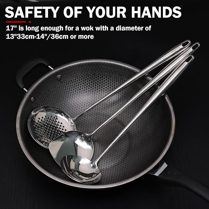 Wok Spatula and Ladle,Skimmer Slotted Spoon Set - Mirror Polished Asian Wok Cooking Tools - 18/10 Stainless Steel Wide Wok Spatula - Wok Utensils Set Professional