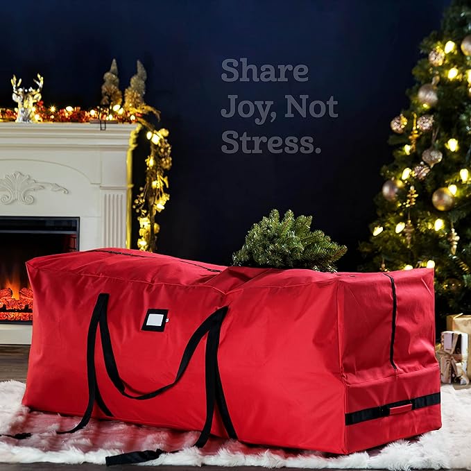 ZOBER 600D Oxford Fabric Rolling Christmas Tree Storage Bag - Fits 7.5 Ft Artificial Trees - Waterproof Christmas Tree Bag For Storage Box For Xmas, Durable Handles and Wheels - Card Slot - Red