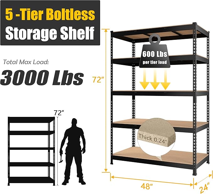 PrimeZone 48" x 24" x 72" Heavy Duty Storage Shelves, 5 Tier Adjustable Garage Storage Shelving, Metal Storage Utility Rack Shelf Unit for Warehouse Pantry Closet Kitchen, Black, 10 Pack